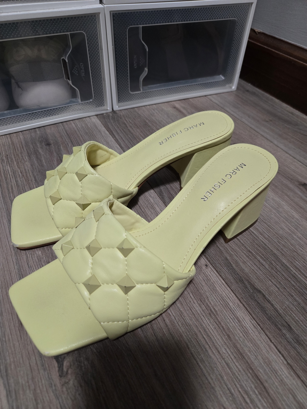Marc Fisher Pale Yellow Quilted Block Heel Mules